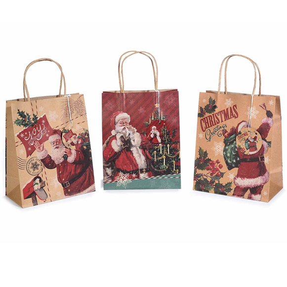 30Pz. Buste sacchetti in carta naturale con decori natalizi cm 18x10x22,5H
